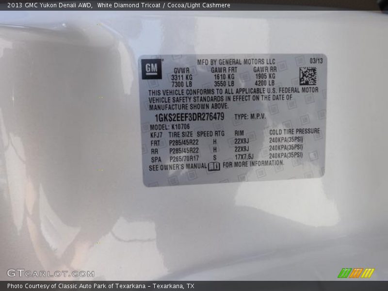 White Diamond Tricoat / Cocoa/Light Cashmere 2013 GMC Yukon Denali AWD