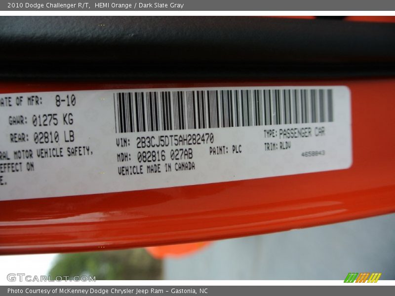 2010 Challenger R/T HEMI Orange Color Code PLC