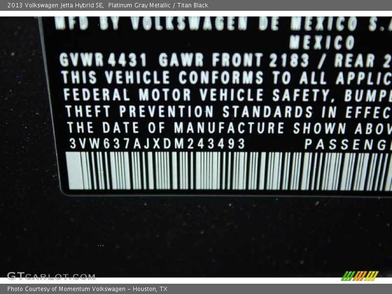 Platinum Gray Metallic / Titan Black 2013 Volkswagen Jetta Hybrid SE