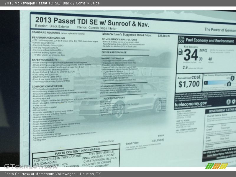 Black / Cornsilk Beige 2013 Volkswagen Passat TDI SE