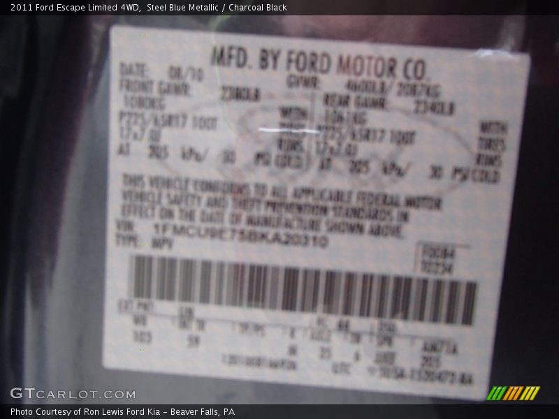 Steel Blue Metallic / Charcoal Black 2011 Ford Escape Limited 4WD