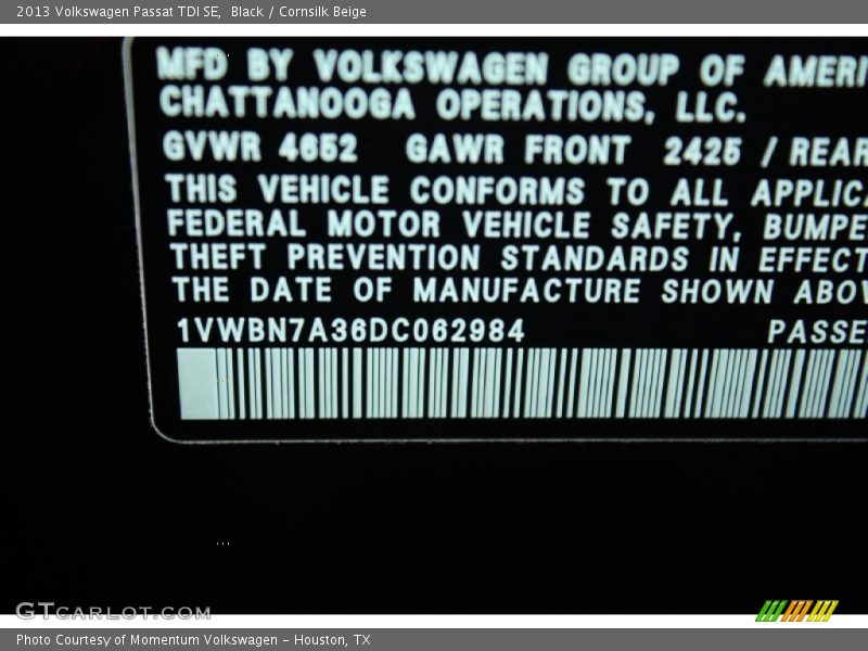 Black / Cornsilk Beige 2013 Volkswagen Passat TDI SE