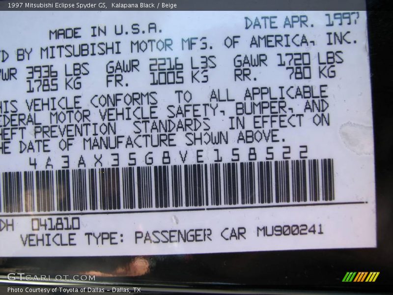 Kalapana Black / Beige 1997 Mitsubishi Eclipse Spyder GS