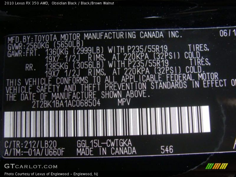 Obsidian Black / Black/Brown Walnut 2010 Lexus RX 350 AWD