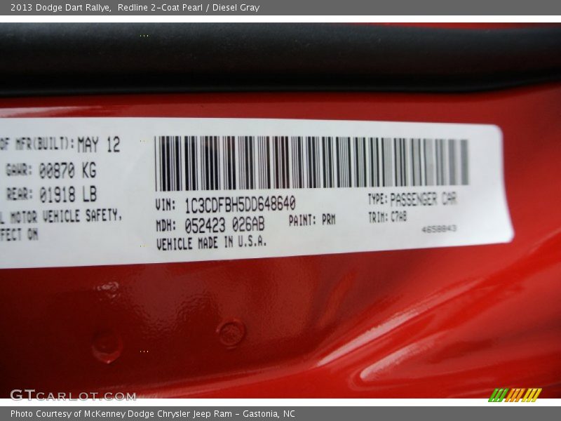 2013 Dart Rallye Redline 2-Coat Pearl Color Code PRM