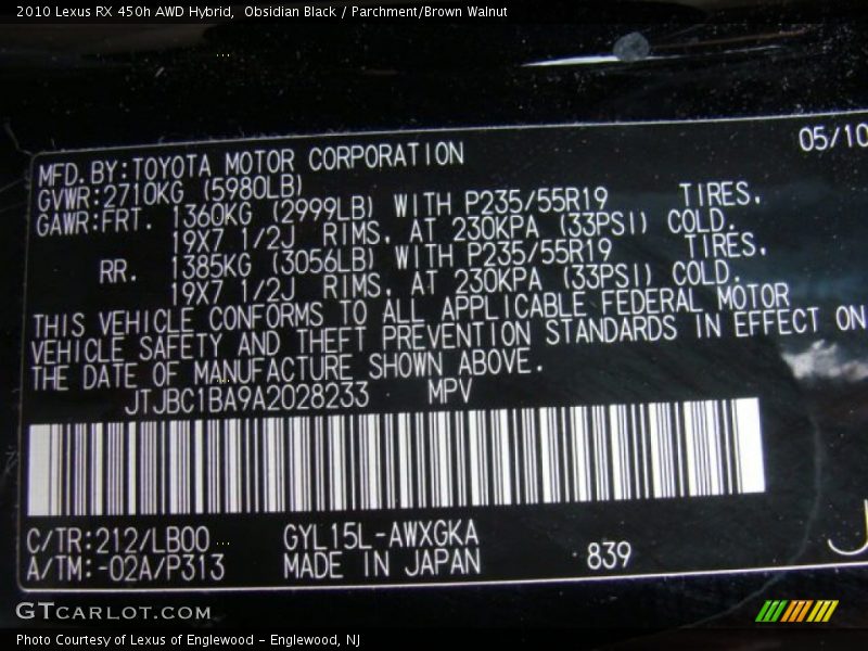 Obsidian Black / Parchment/Brown Walnut 2010 Lexus RX 450h AWD Hybrid