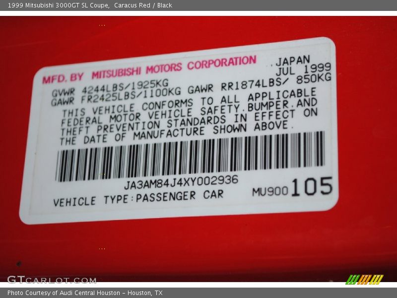 Caracus Red / Black 1999 Mitsubishi 3000GT SL Coupe