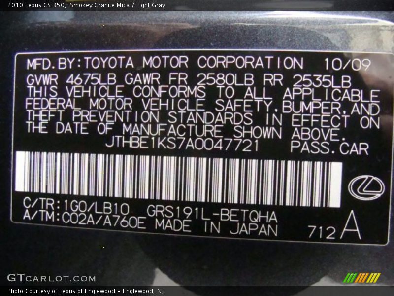 Smokey Granite Mica / Light Gray 2010 Lexus GS 350