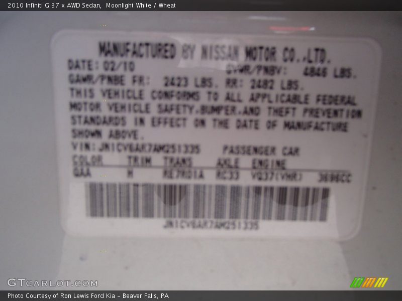 2010 G 37 x AWD Sedan Moonlight White Color Code QAA