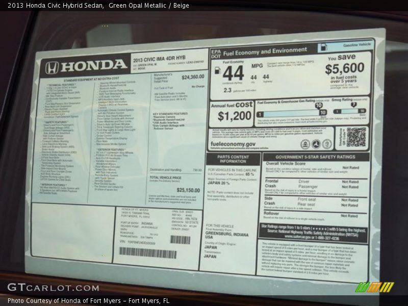  2013 Civic Hybrid Sedan Window Sticker