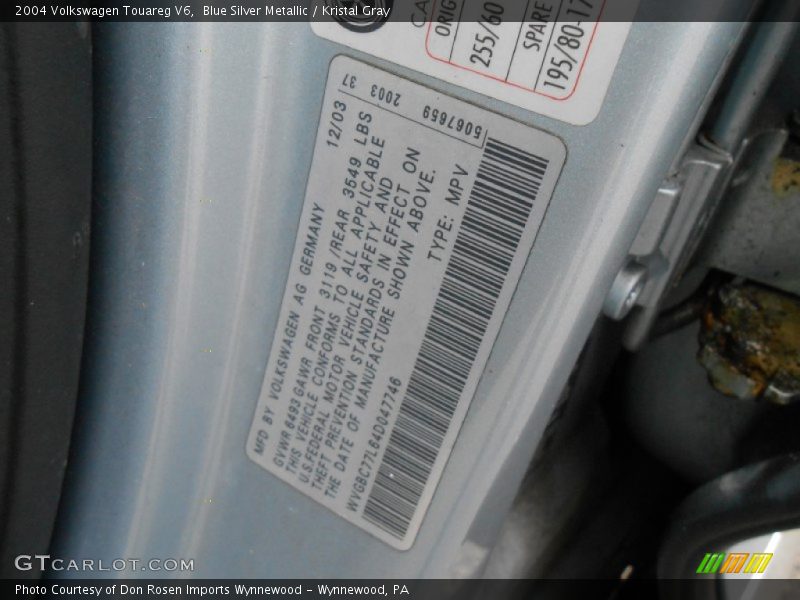 Info Tag of 2004 Touareg V6