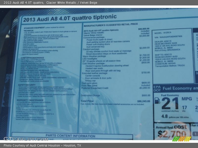  2013 A8 4.0T quattro Window Sticker