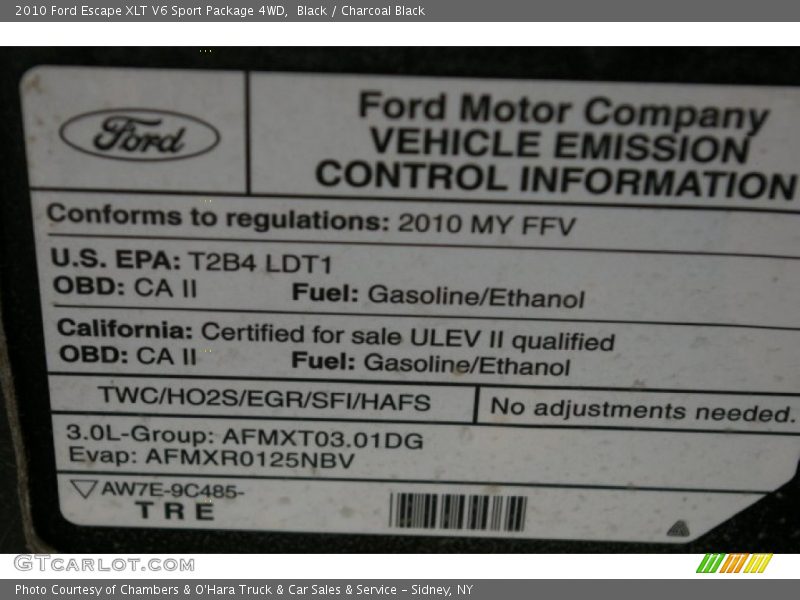 Info Tag of 2010 Escape XLT V6 Sport Package 4WD