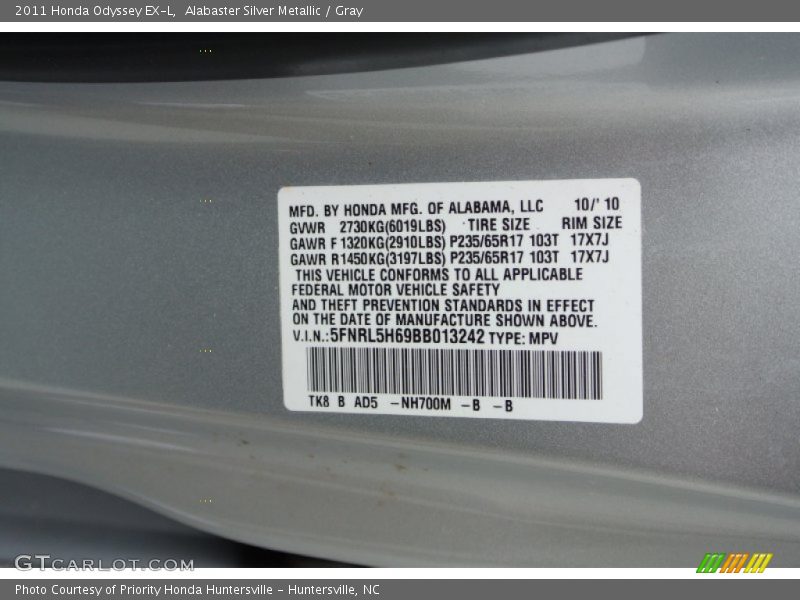 Alabaster Silver Metallic / Gray 2011 Honda Odyssey EX-L