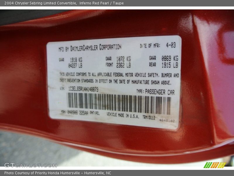 2004 Sebring Limited Convertible Inferno Red Pearl Color Code PEL