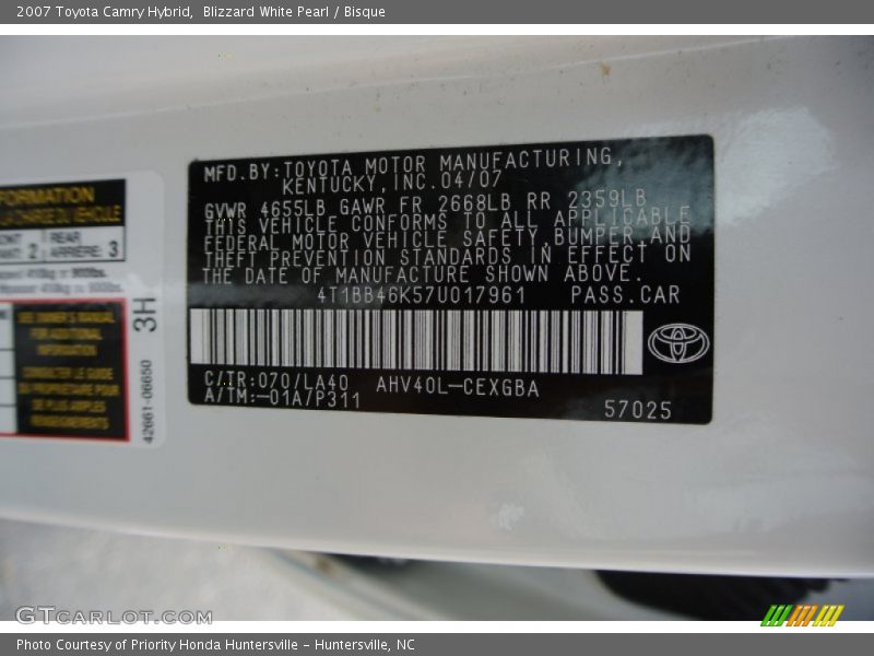 2007 Camry Hybrid Blizzard White Pearl Color Code 070