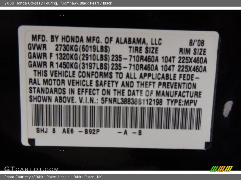 2008 Odyssey Touring Nighthawk Black Pearl Color Code B92P