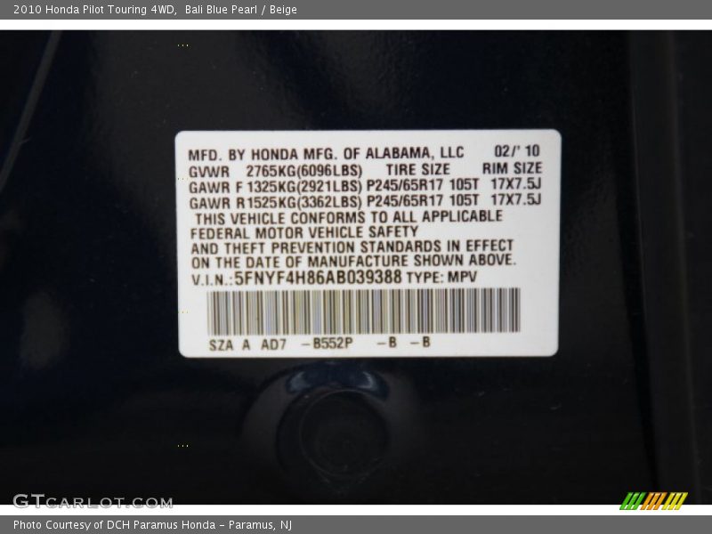 2010 Pilot Touring 4WD Bali Blue Pearl Color Code B552P