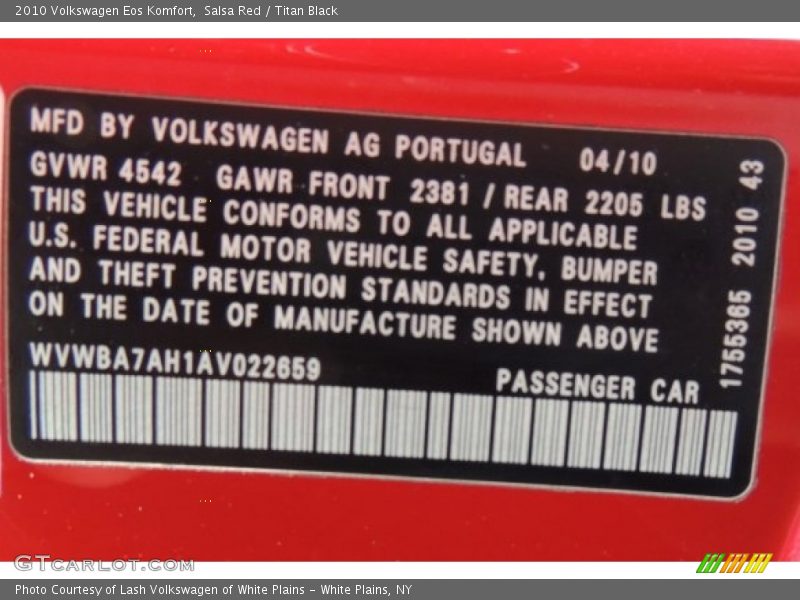 Info Tag of 2010 Eos Komfort