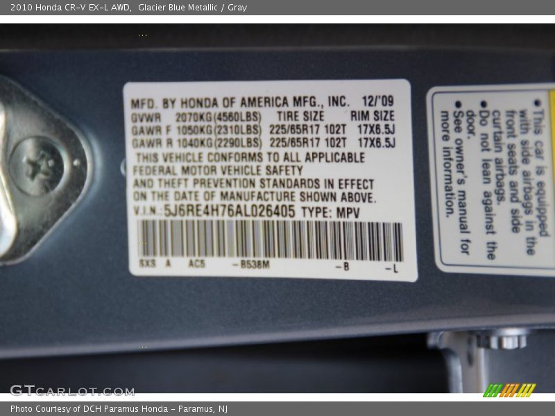Glacier Blue Metallic / Gray 2010 Honda CR-V EX-L AWD