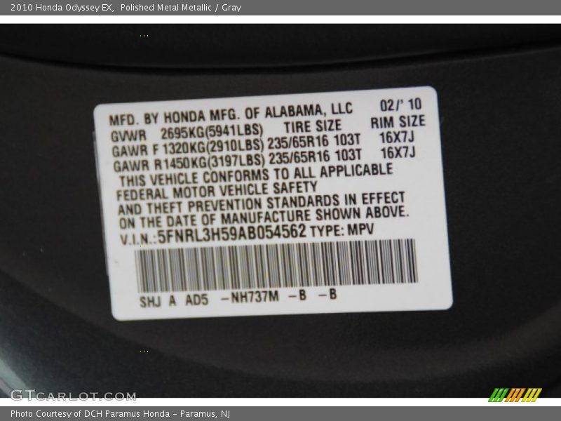 Polished Metal Metallic / Gray 2010 Honda Odyssey EX