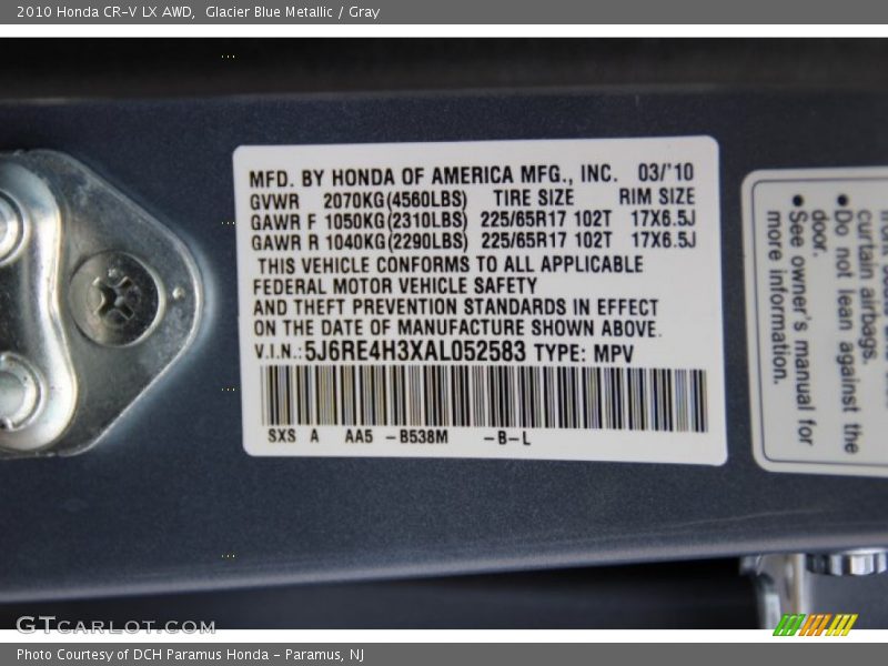 Glacier Blue Metallic / Gray 2010 Honda CR-V LX AWD