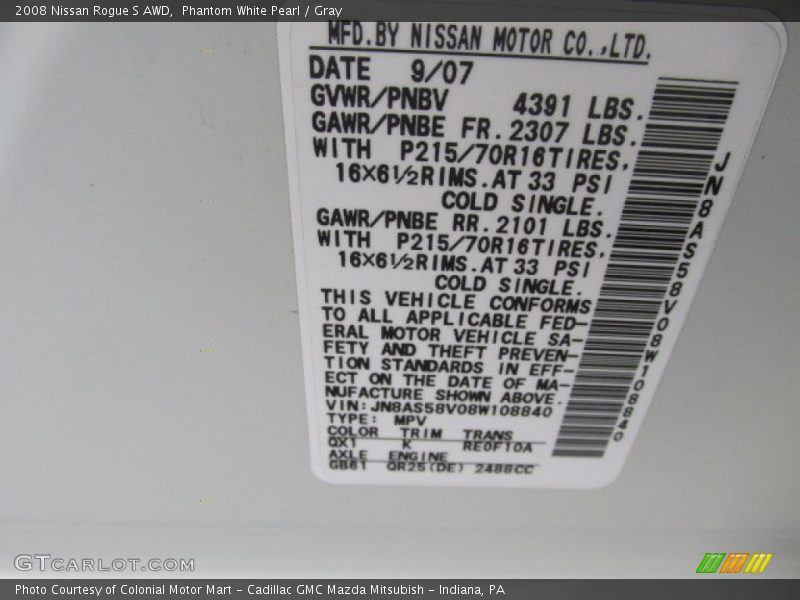 2008 Rogue S AWD Phantom White Pearl Color Code QX1