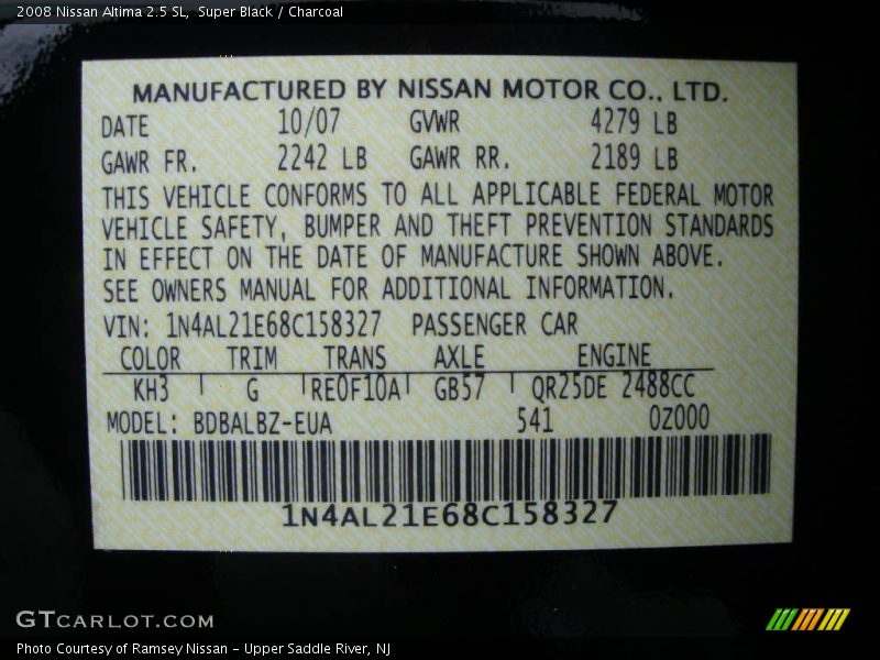 Super Black / Charcoal 2008 Nissan Altima 2.5 SL