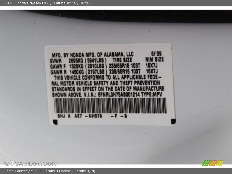 Taffeta White / Beige 2010 Honda Odyssey EX-L