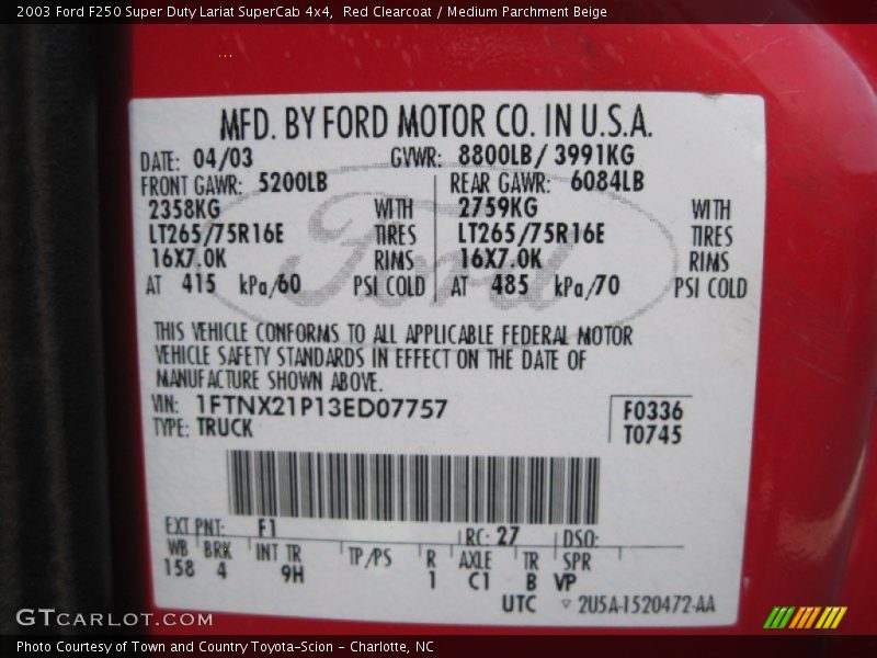 2003 F250 Super Duty Lariat SuperCab 4x4 Red Clearcoat Color Code F1