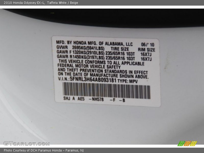 Taffeta White / Beige 2010 Honda Odyssey EX-L
