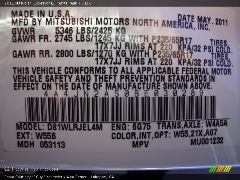 2011 Endeavor LS White Pearl Color Code W55