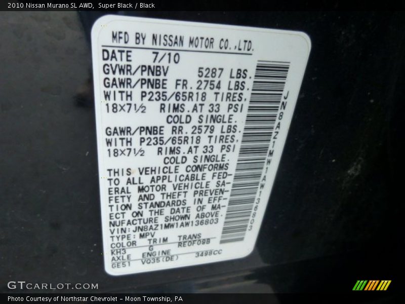 Super Black / Black 2010 Nissan Murano SL AWD