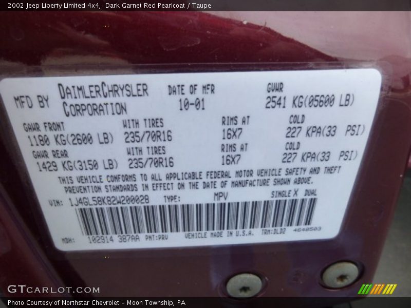 2002 Liberty Limited 4x4 Dark Garnet Red Pearlcoat Color Code PRV