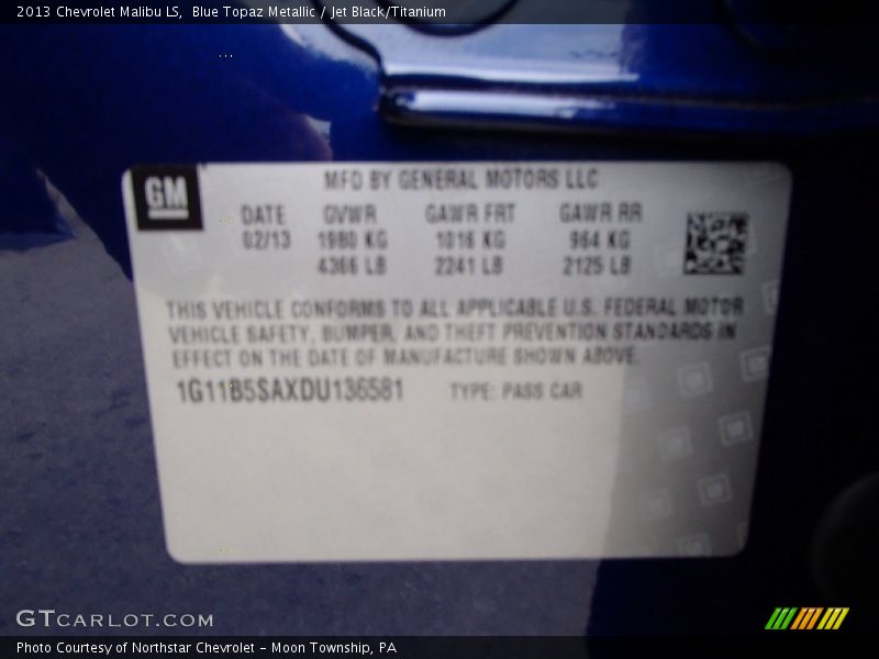 Blue Topaz Metallic / Jet Black/Titanium 2013 Chevrolet Malibu LS