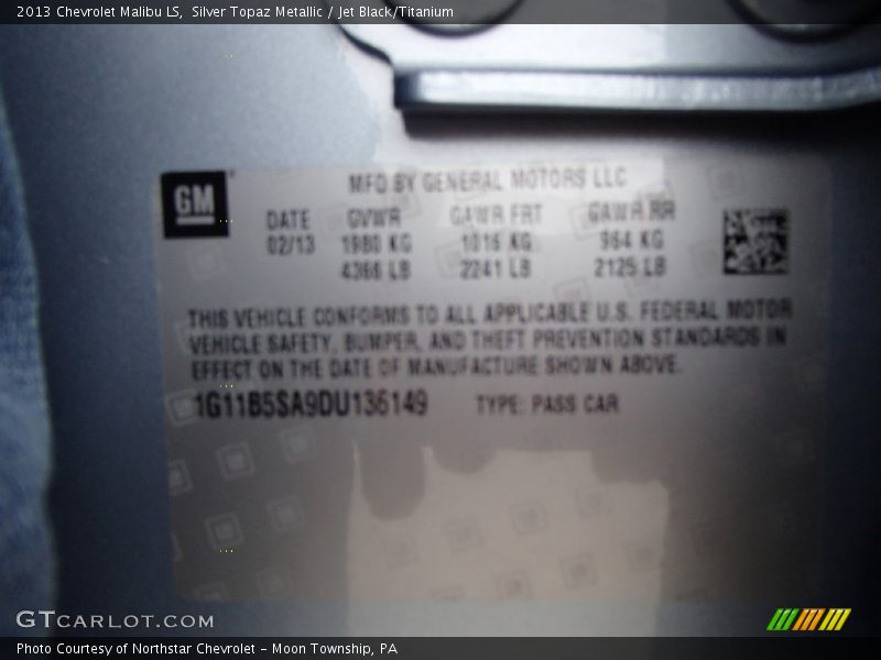Silver Topaz Metallic / Jet Black/Titanium 2013 Chevrolet Malibu LS
