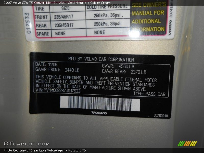 Zanzibar Gold Metallic / Calcite Cream 2007 Volvo C70 T5 Convertible