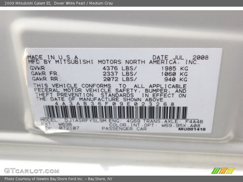 Dover White Pearl / Medium Gray 2009 Mitsubishi Galant ES