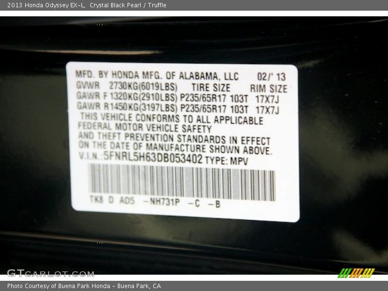 Crystal Black Pearl / Truffle 2013 Honda Odyssey EX-L