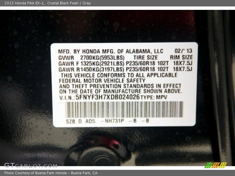 Crystal Black Pearl / Gray 2013 Honda Pilot EX-L
