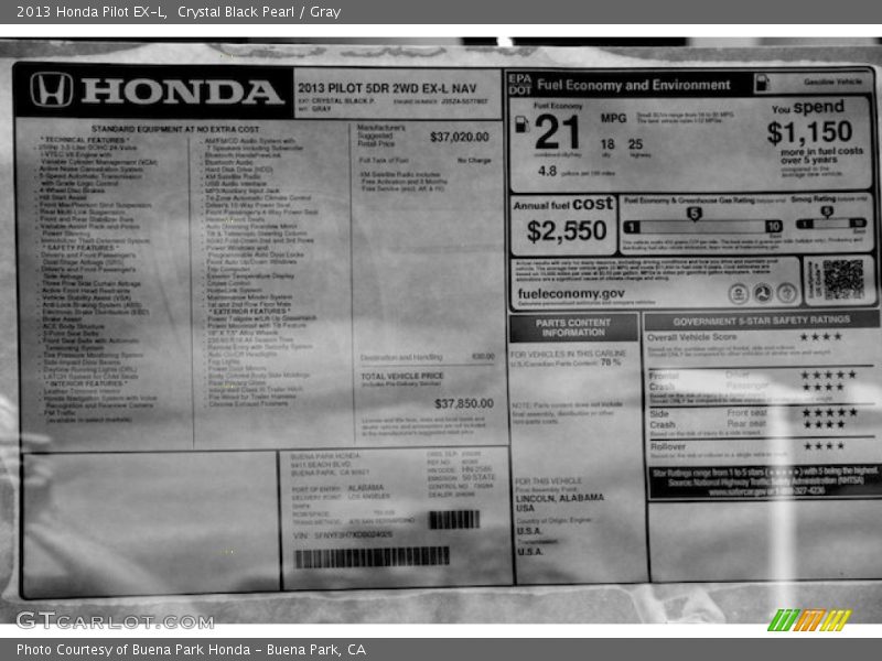 Crystal Black Pearl / Gray 2013 Honda Pilot EX-L