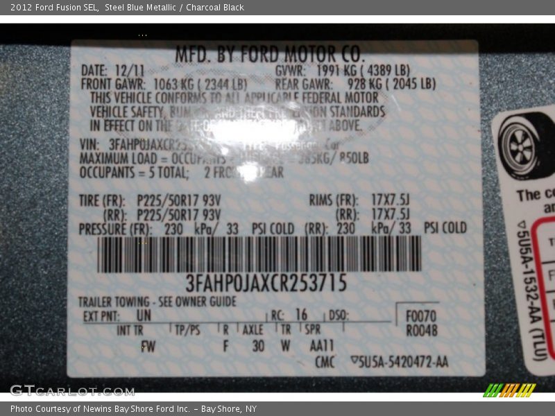 Steel Blue Metallic / Charcoal Black 2012 Ford Fusion SEL