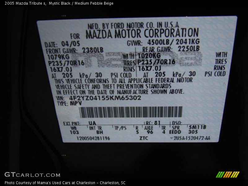 Mystic Black / Medium Pebble Beige 2005 Mazda Tribute s