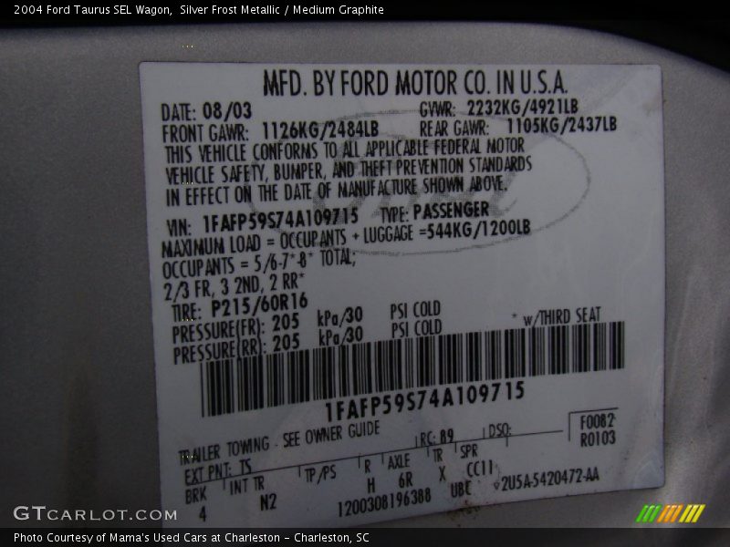 2004 Taurus SEL Wagon Silver Frost Metallic Color Code TS