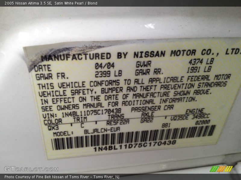 2005 Altima 3.5 SE Satin White Pearl Color Code QX3