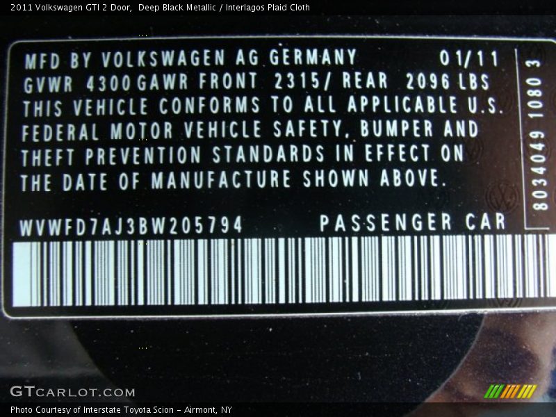 Deep Black Metallic / Interlagos Plaid Cloth 2011 Volkswagen GTI 2 Door