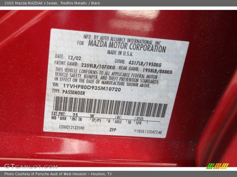 2003 MAZDA6 s Sedan Redfire Metallic Color Code 25W