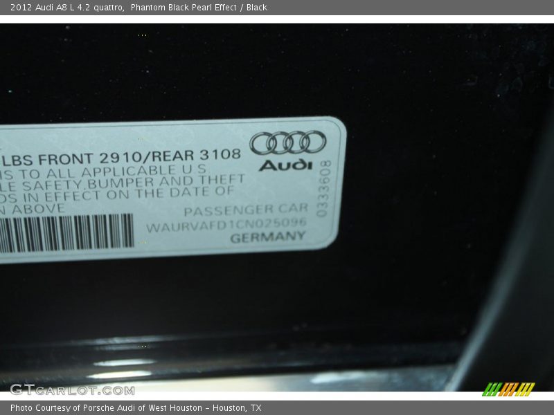 Phantom Black Pearl Effect / Black 2012 Audi A8 L 4.2 quattro