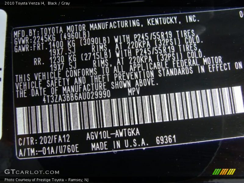 Black / Gray 2010 Toyota Venza I4