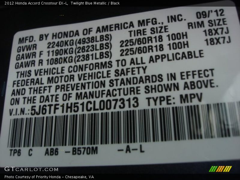 Twilight Blue Metallic / Black 2012 Honda Accord Crosstour EX-L